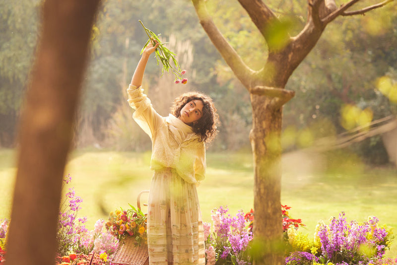 Cassandra Skirt Set-Ivory chanderi by Paulmi & Harsh in ivory for women in Singapore