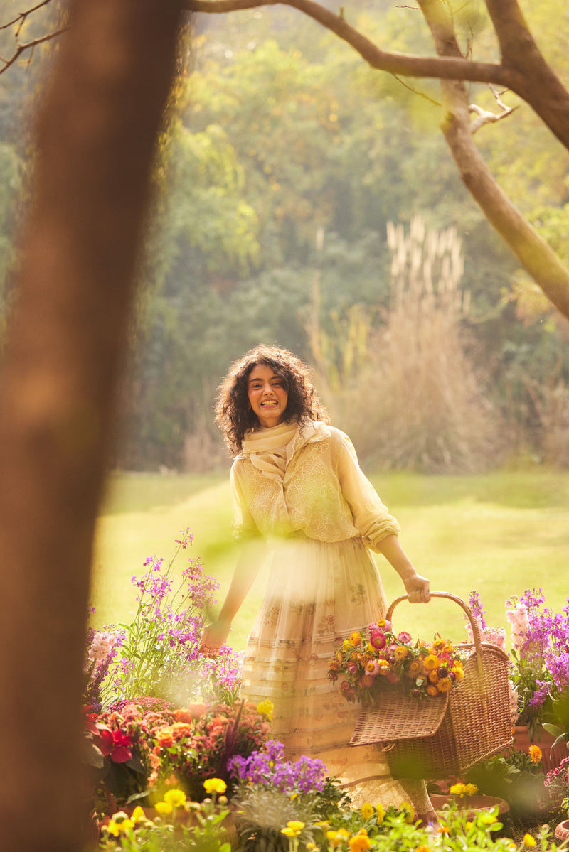 Cassandra Skirt Set-Ivory chanderi by Paulmi & Harsh in ivory for women in Singapore