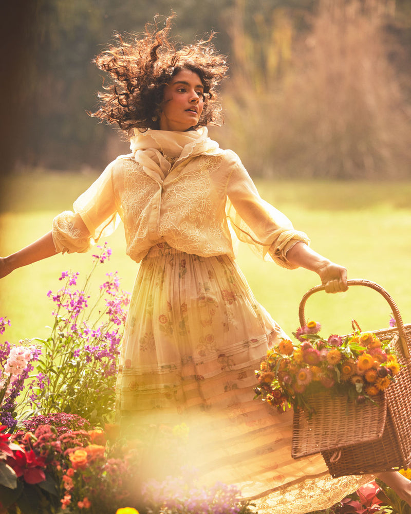 Cassandra Skirt Set-Ivory chanderi by Paulmi & Harsh in ivory for women in Singapore