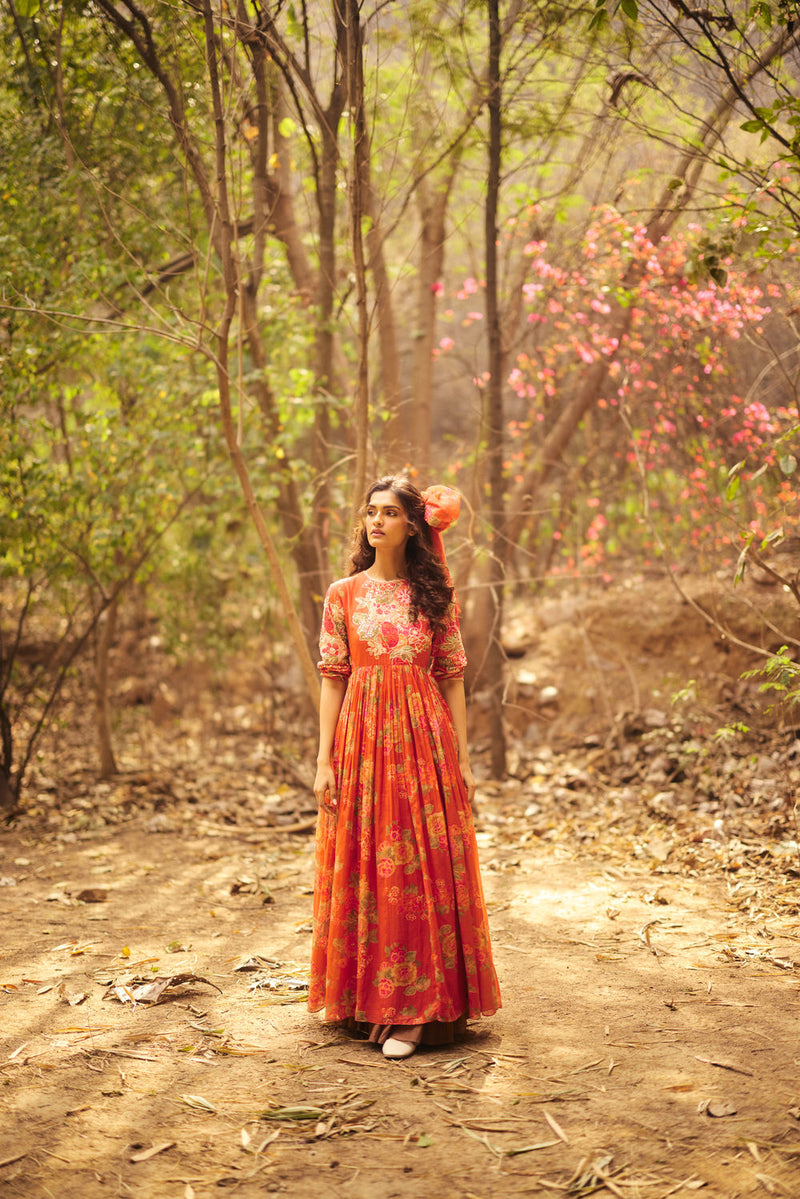 Freesia Maxi Set chanderi by Paulmi & Harsh in red orange for women in Singapore