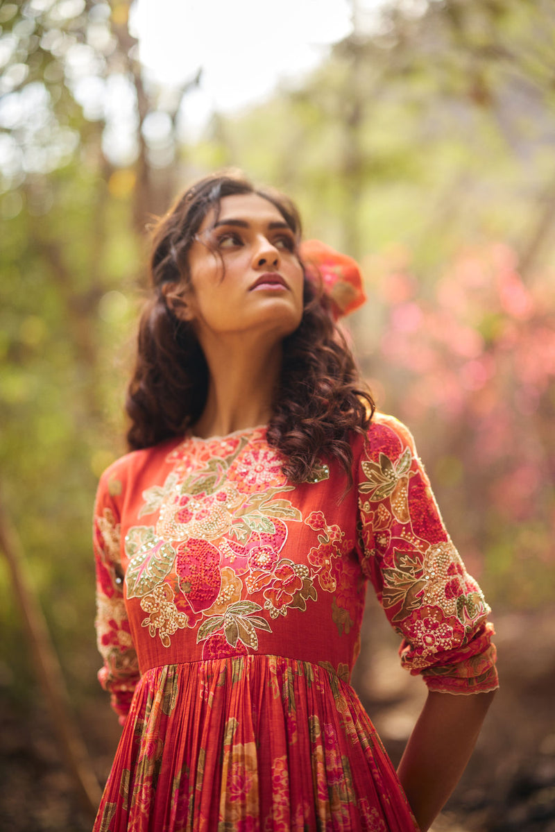 Freesia Maxi Set chanderi by Paulmi & Harsh in red orange for women in Singapore