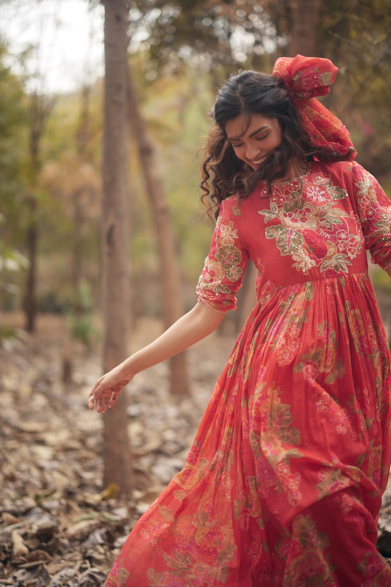 Freesia Maxi Set chanderi by Paulmi & Harsh in red orange for women in Singapore
