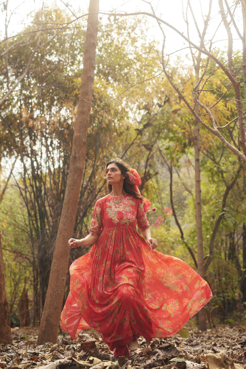 Freesia Maxi Set chanderi by Paulmi & Harsh in red orange for women in Singapore