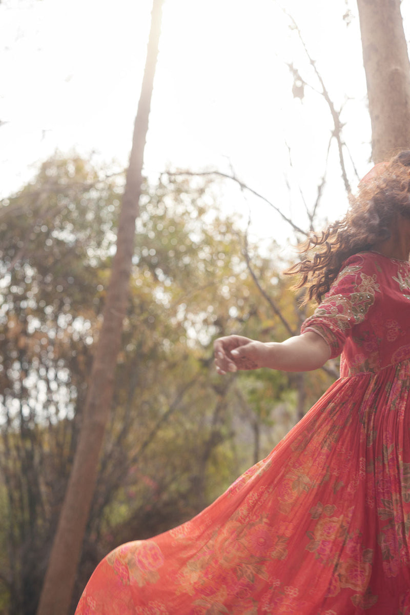 Freesia Maxi Set chanderi by Paulmi & Harsh in red orange for women in Singapore