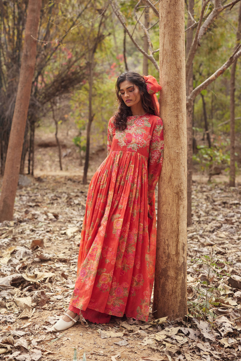 Freesia Maxi Set chanderi by Paulmi & Harsh in red orange for women in Singapore