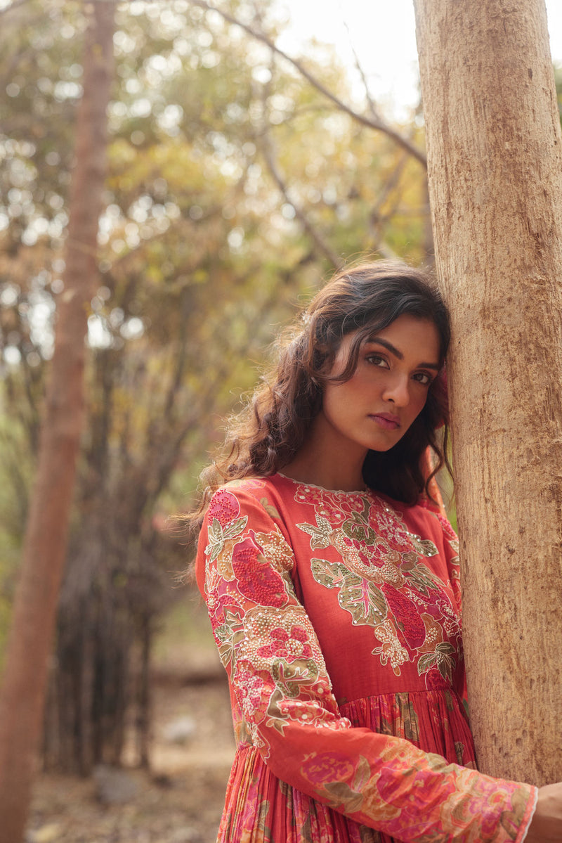 Freesia Maxi Set chanderi by Paulmi & Harsh in red orange for women in Singapore