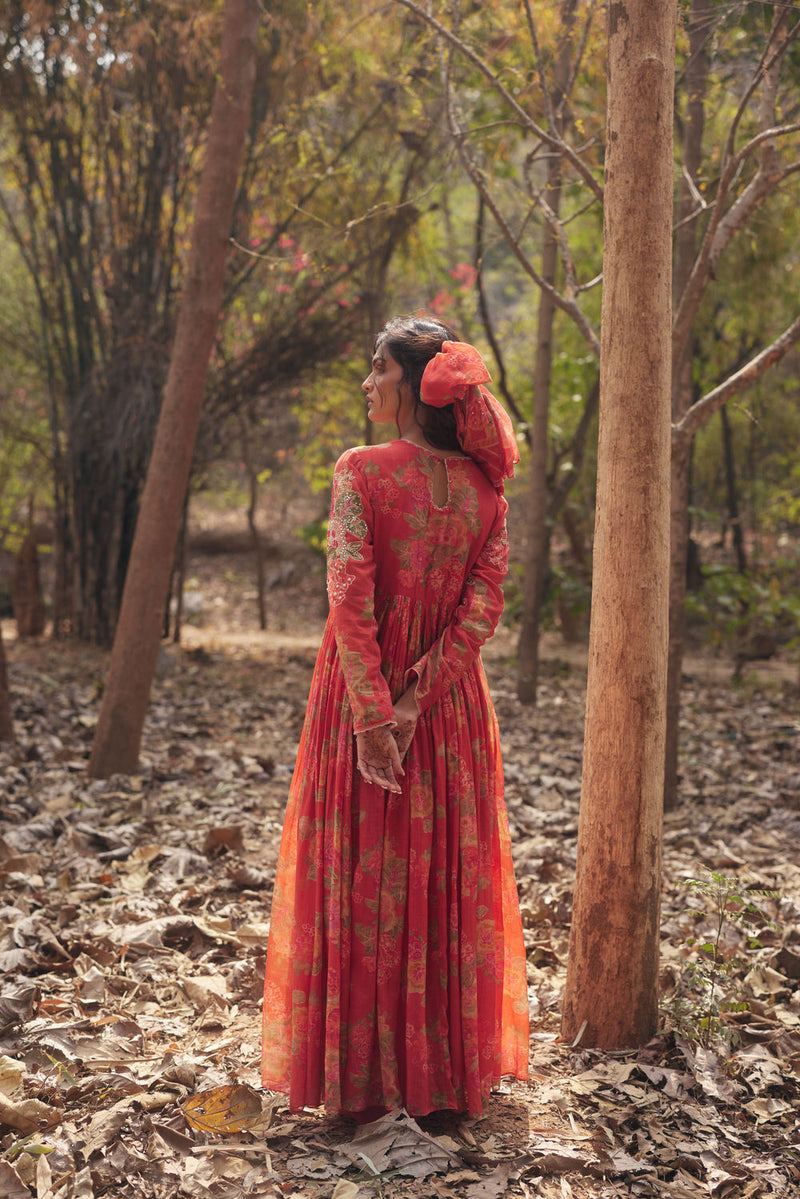 Freesia Maxi Set chanderi by Paulmi & Harsh in red orange for women in Singapore