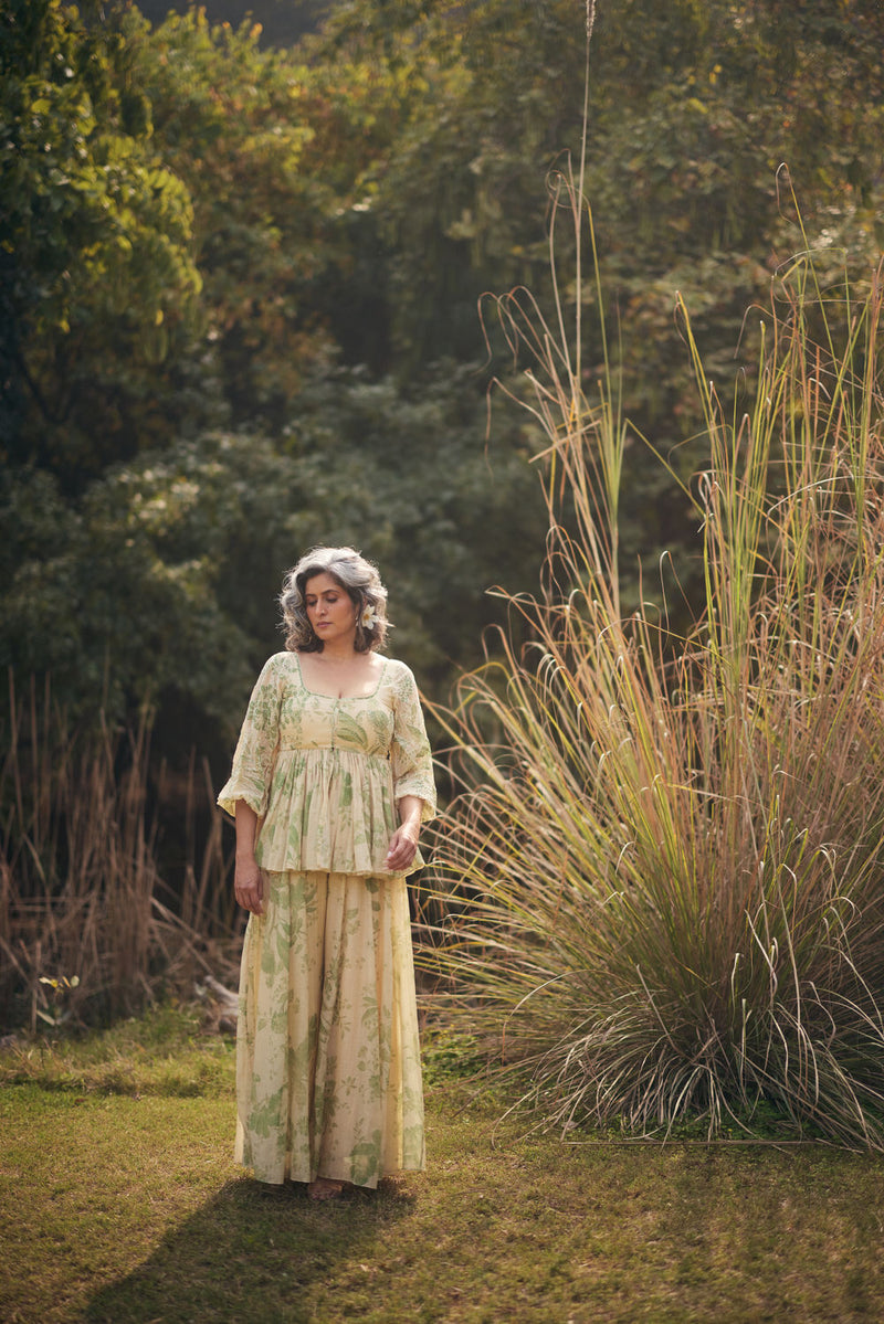 Cedar Peplum Set chanderi by Paulmi & Harsh in green, ivory for women in Singapore