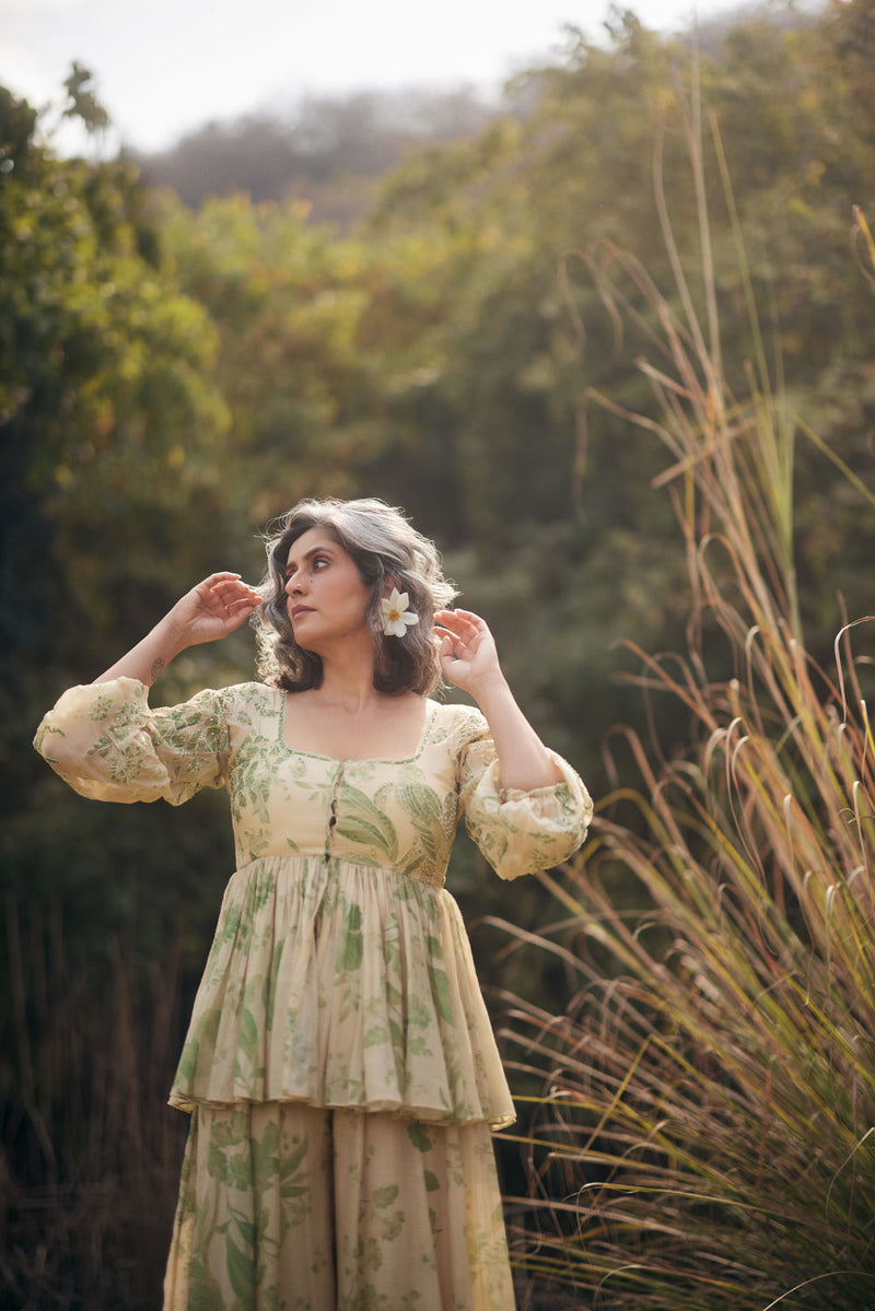 Cedar Peplum Set chanderi by Paulmi & Harsh in green, ivory for women in Singapore