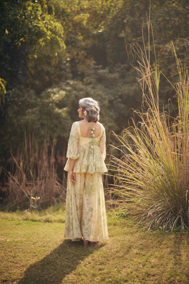 Cedar Peplum Set chanderi by Paulmi & Harsh in green, ivory for women in Singapore