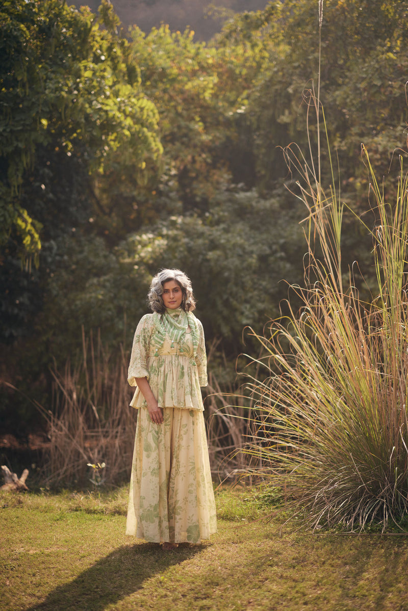 Cedar Peplum Set chanderi by Paulmi & Harsh in green, ivory for women in Singapore