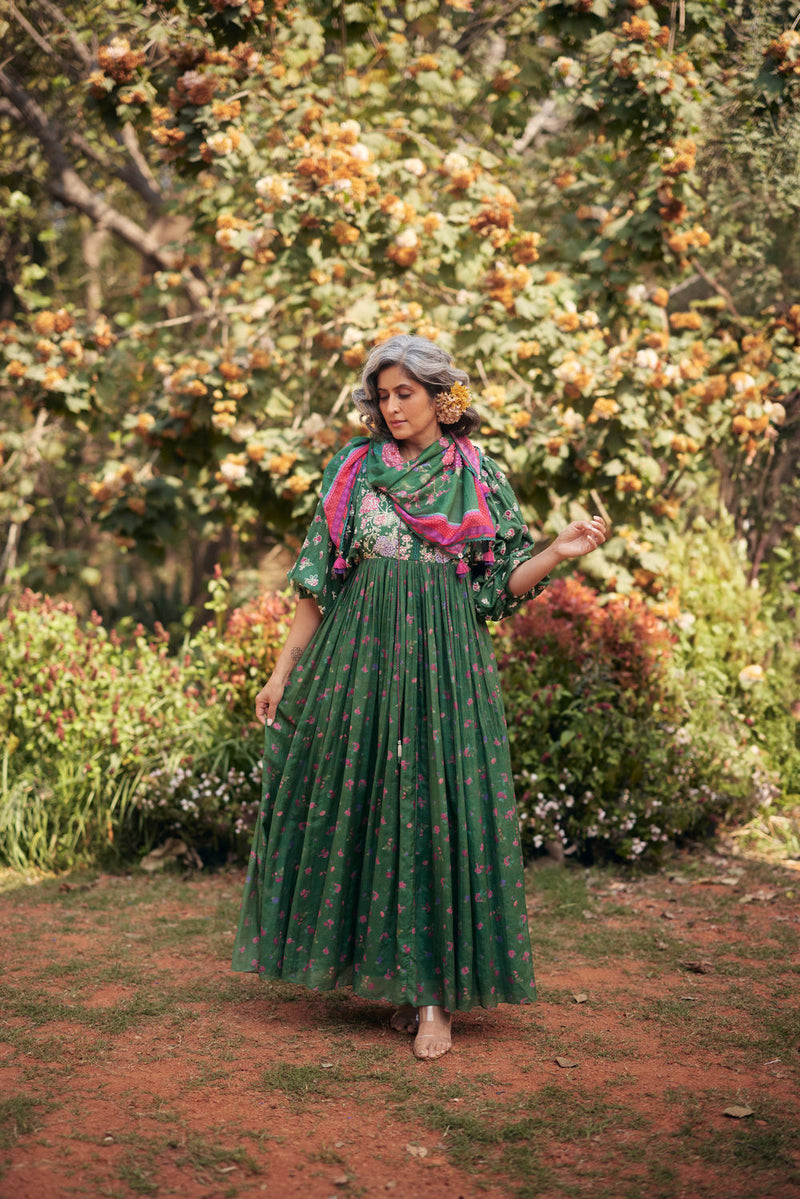 Lucy Maxi Set-Fern Green chanderi by Paulmi & Harsh in green for women in Singapore
