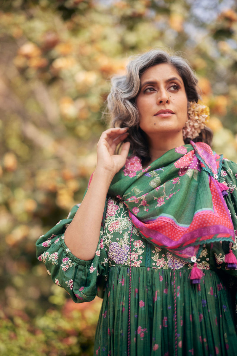 Lucy Maxi Set-Fern Green chanderi by Paulmi & Harsh in green for women in Singapore