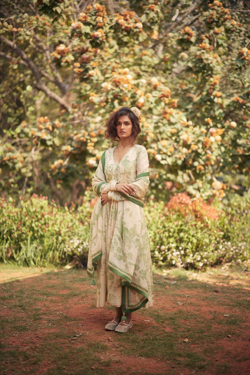 Fern Anarkali Set chanderi by Paulmi & Harsh in green, ivory for women in Singapore