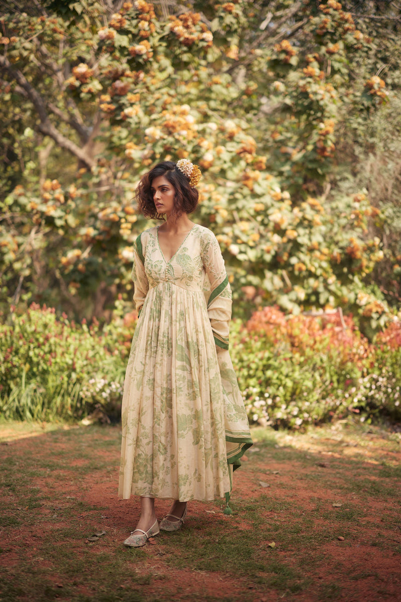 Fern Anarkali Set chanderi by Paulmi & Harsh in green, ivory for women in Singapore