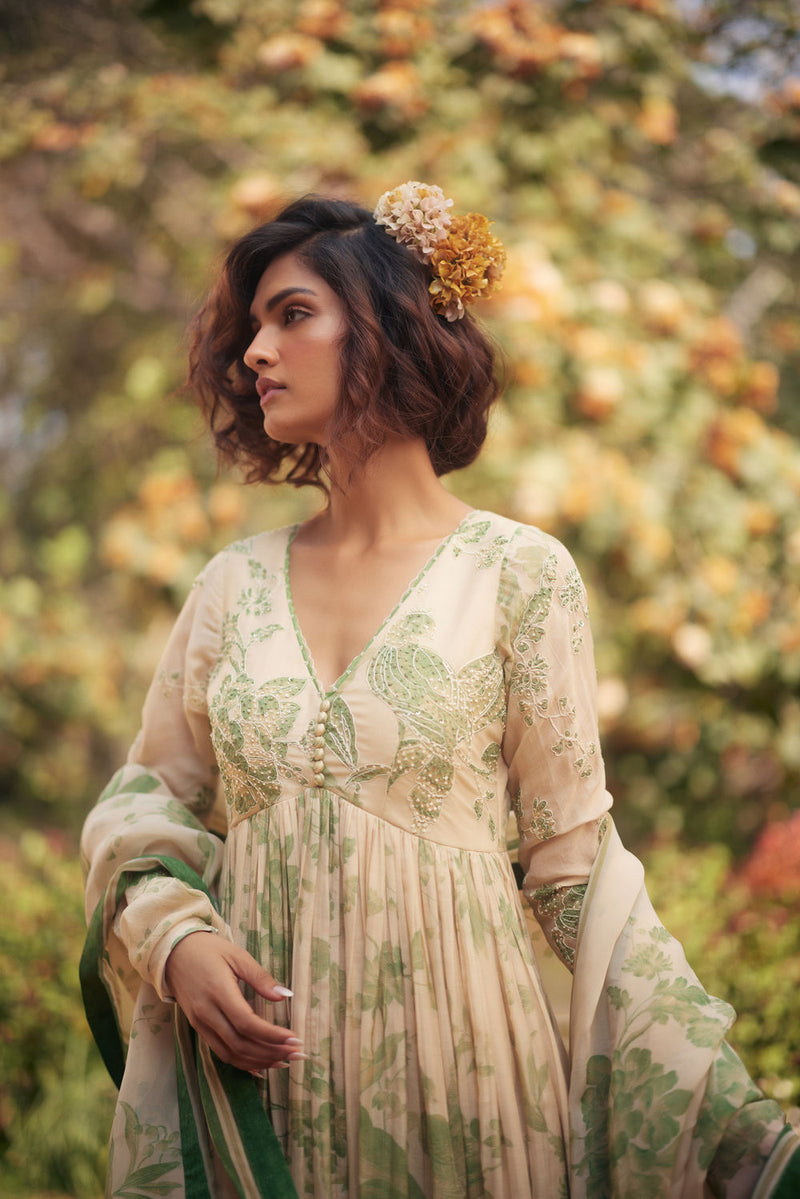 Fern Anarkali Set chanderi by Paulmi & Harsh in green, ivory for women in Singapore