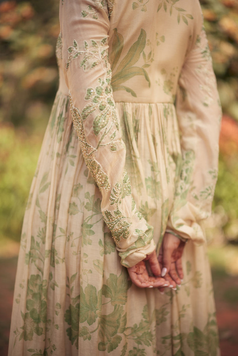 Fern Anarkali Set chanderi by Paulmi & Harsh in green, ivory for women in Singapore