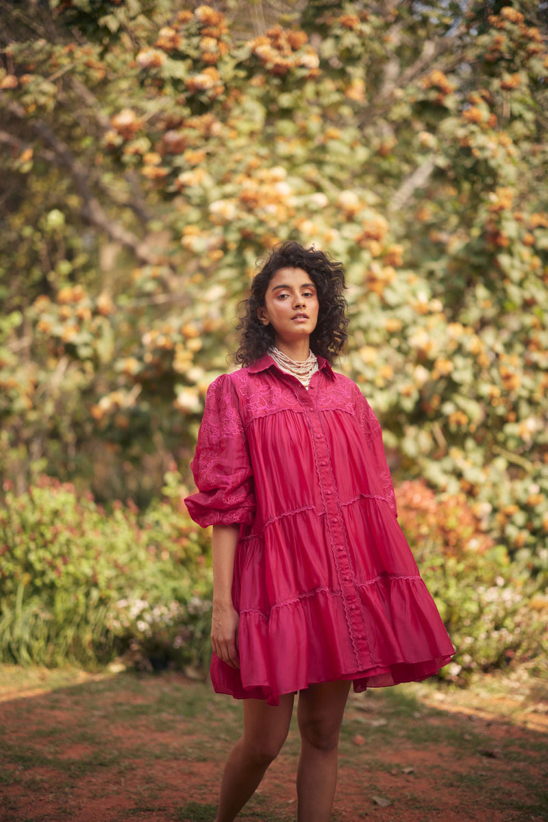 Lana Dress-Pink chanderi by Paulmi & Harsh in pink for women in Singapore