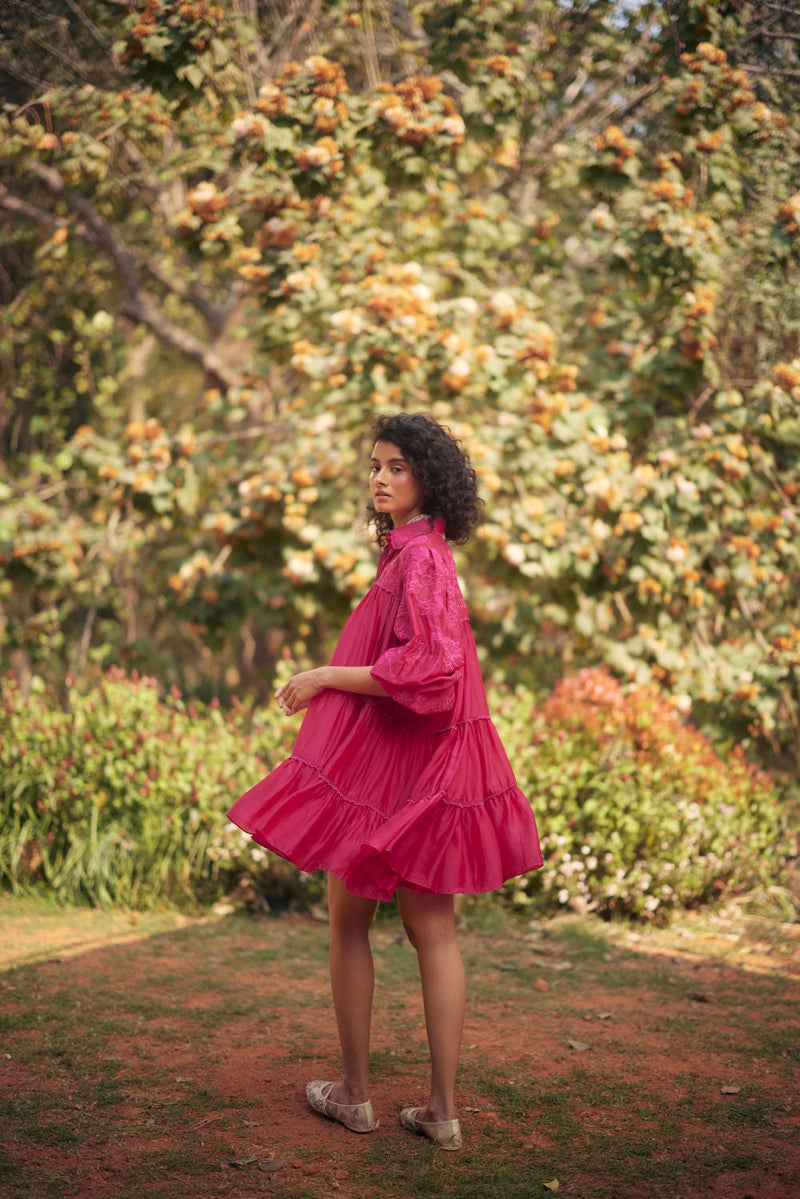 Lana Dress-Pink chanderi by Paulmi & Harsh in pink for women in Singapore