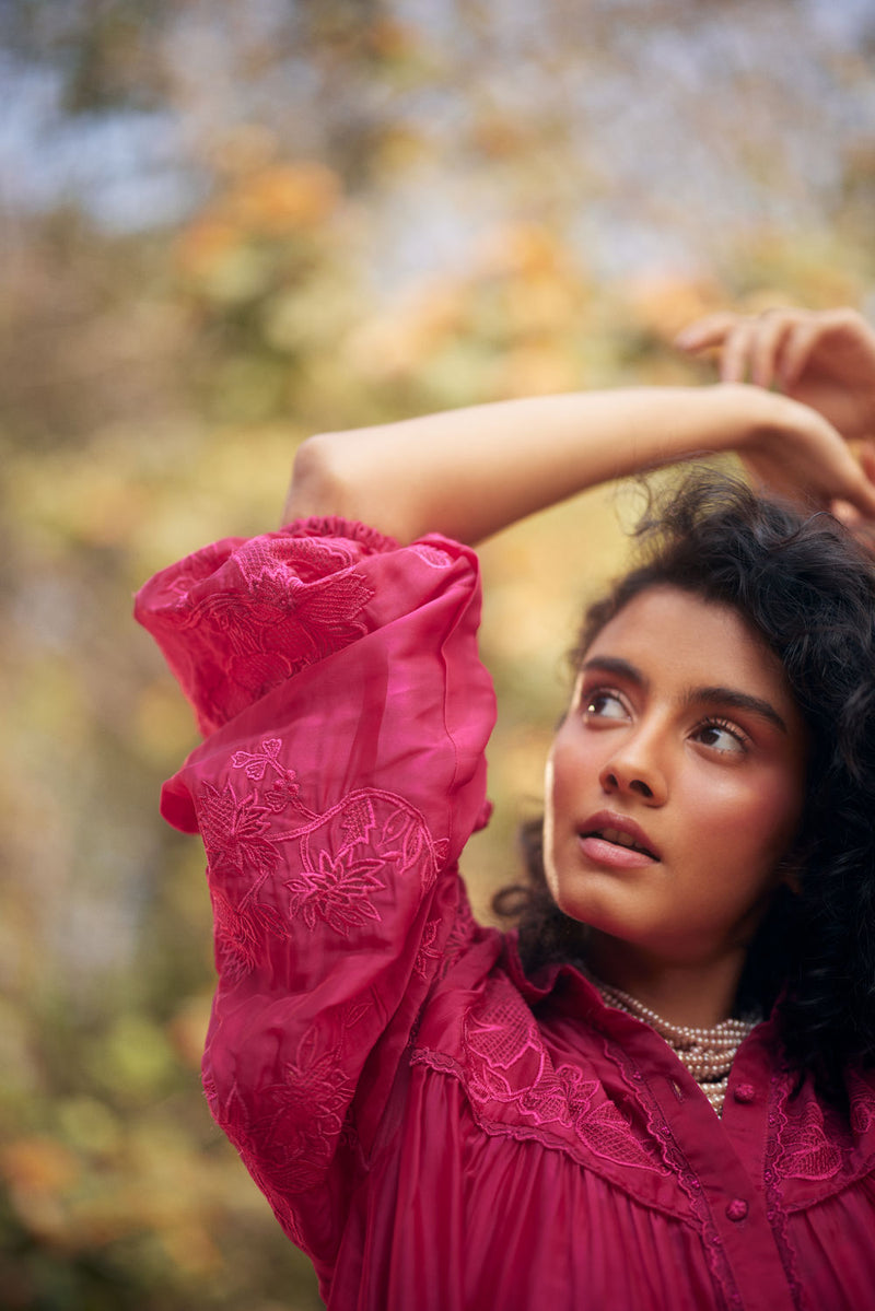 Lana Dress-Pink chanderi by Paulmi & Harsh in pink for women in Singapore