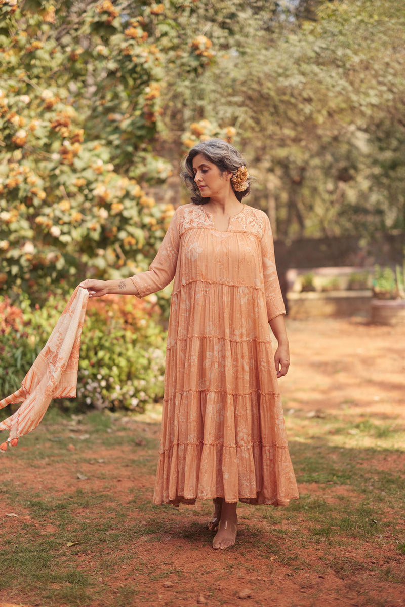 Daria Dress Set chanderi by Paulmi & Harsh in apricoat for women in Singapore