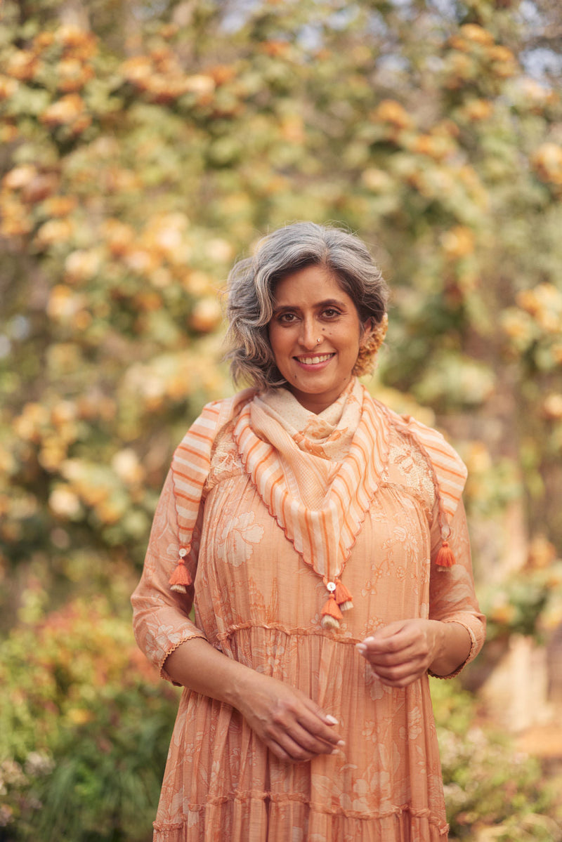 Daria Dress Set chanderi by Paulmi & Harsh in apricoat for women in Singapore