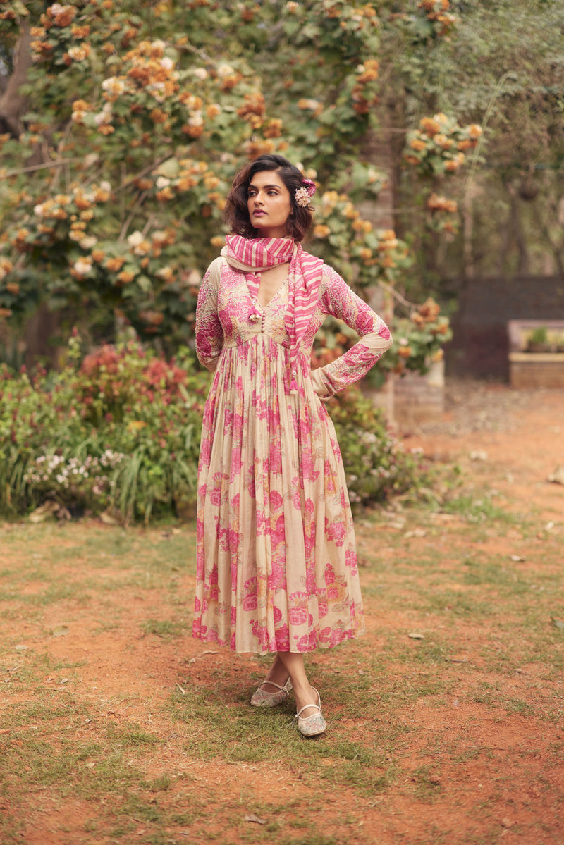 Alice Maxi Dress Set chanderi by Paulmi & Harsh in pink and ivory for women in Singapore