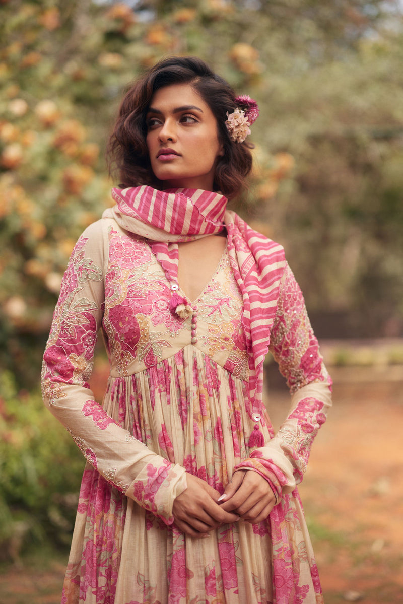 Alice Maxi Dress Set chanderi by Paulmi & Harsh in pink and ivory for women in Singapore