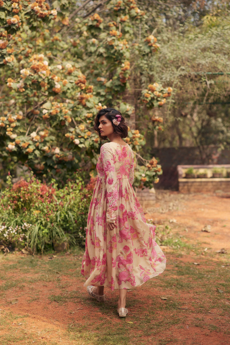 Alice Maxi Dress Set chanderi by Paulmi & Harsh in pink and ivory for women in Singapore