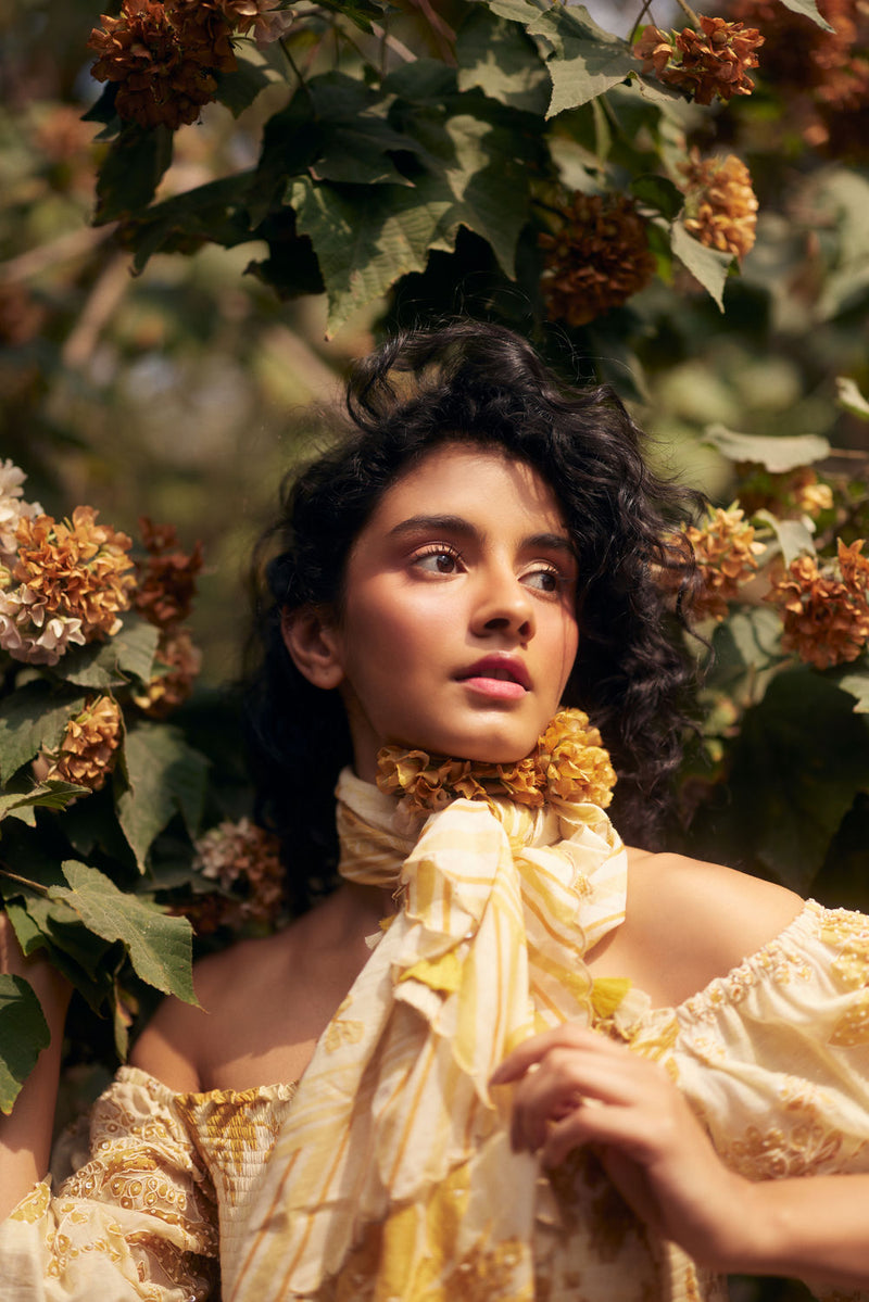 Aveza Peplum Set-Yellow chanderi by Paulmi & Harsh in golden yellow for women in Singapore
