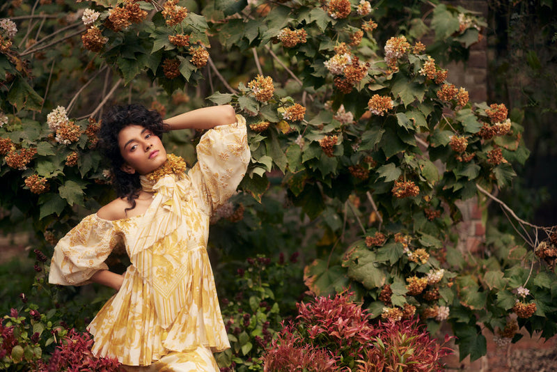 Aveza Peplum Set-Yellow chanderi by Paulmi & Harsh in golden yellow for women in Singapore