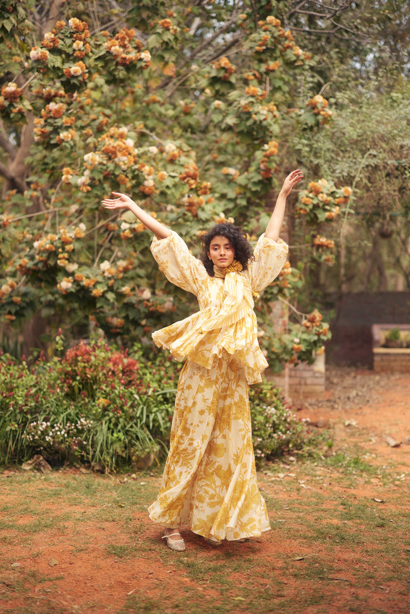 Aveza Peplum Set-Yellow chanderi by Paulmi & Harsh in golden yellow for women in Singapore