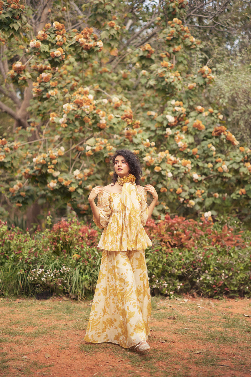 Aveza Peplum Set-Yellow chanderi by Paulmi & Harsh in golden yellow for women in Singapore