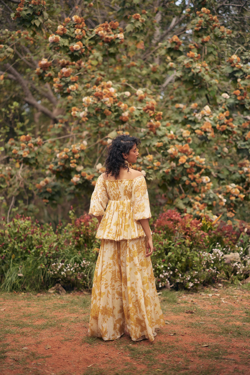 Aveza Peplum Set-Yellow chanderi by Paulmi & Harsh in golden yellow for women in Singapore