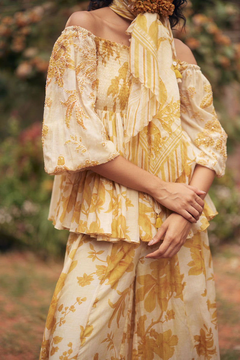 Aveza Peplum Set-Yellow chanderi by Paulmi & Harsh in golden yellow for women in Singapore