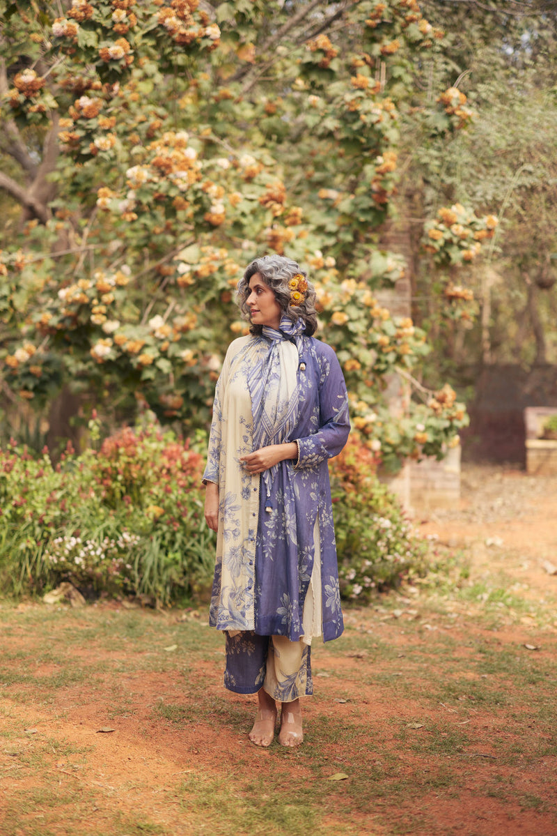 Monaco Shirt Dress Set chanderi by Paulmi & Harsh in blue, ivory for women in Singapore