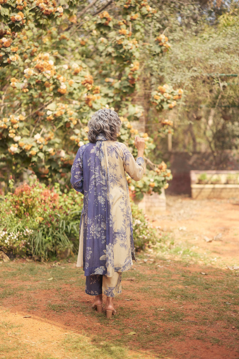 Monaco Shirt Dress Set chanderi by Paulmi & Harsh in blue, ivory for women in Singapore