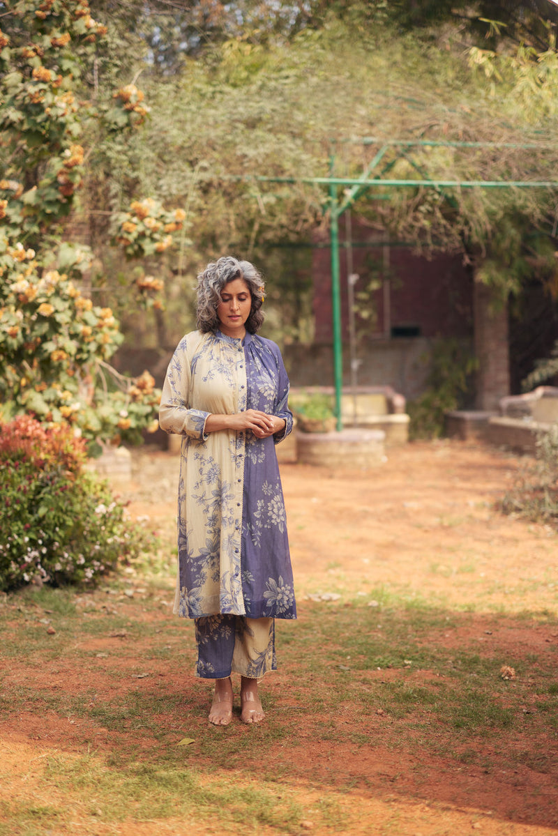 Monaco Shirt Dress Set chanderi by Paulmi & Harsh in blue, ivory for women in Singapore