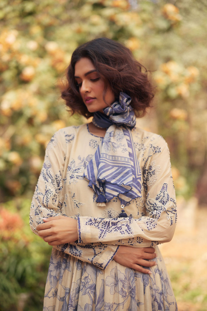 Tillie Anarkali Set chanderi by Paulmi & Harsh in blue, ivory for women in Singapore