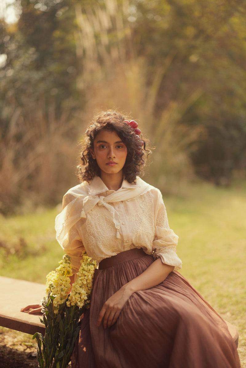 Ziva Skirt Set chanderi by Paulmi & Harsh in ivory, brown for women in Singapore