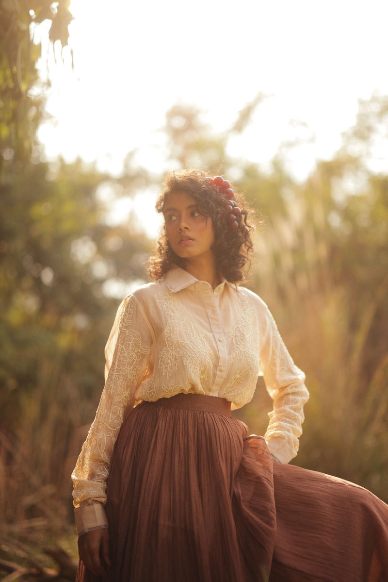 Ziva Skirt Set chanderi by Paulmi & Harsh in ivory, brown for women in Singapore