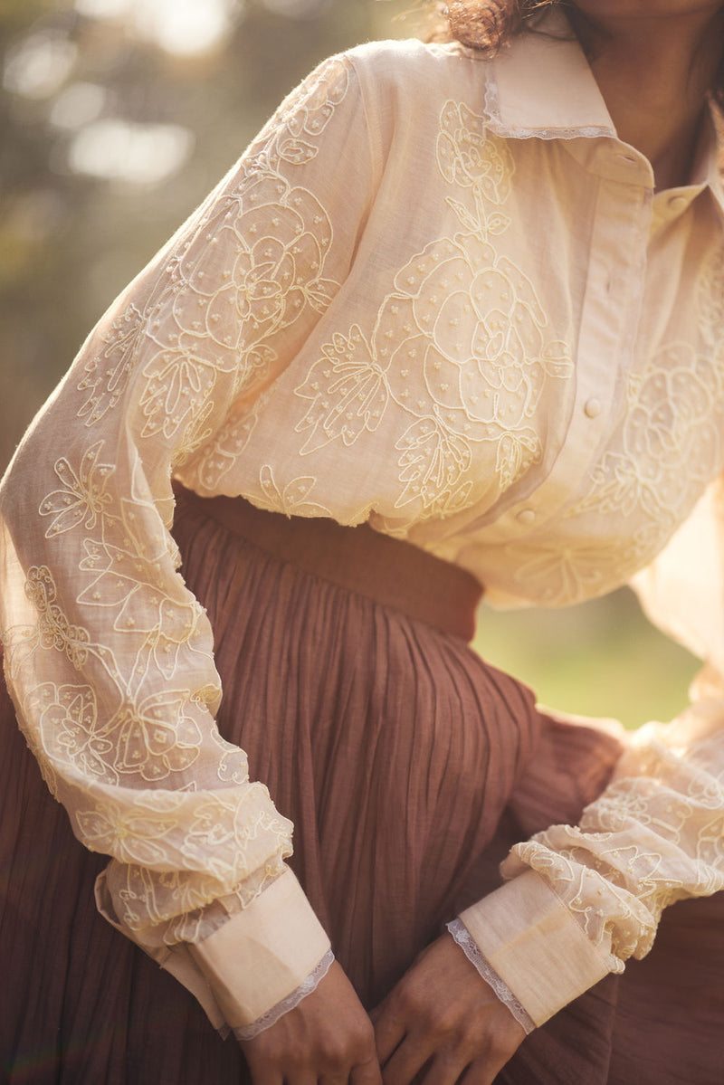 Ziva Skirt Set chanderi by Paulmi & Harsh in ivory, brown for women in Singapore