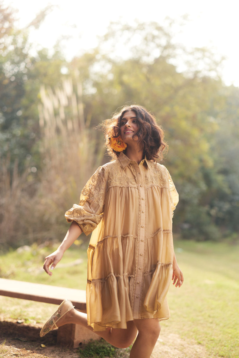 Lana Dress-Beige chanderi by Paulmi & Harsh in beige for women in Singapore