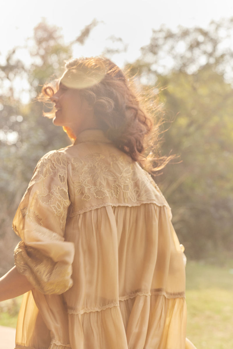 Lana Dress-Beige chanderi by Paulmi & Harsh in beige for women in Singapore