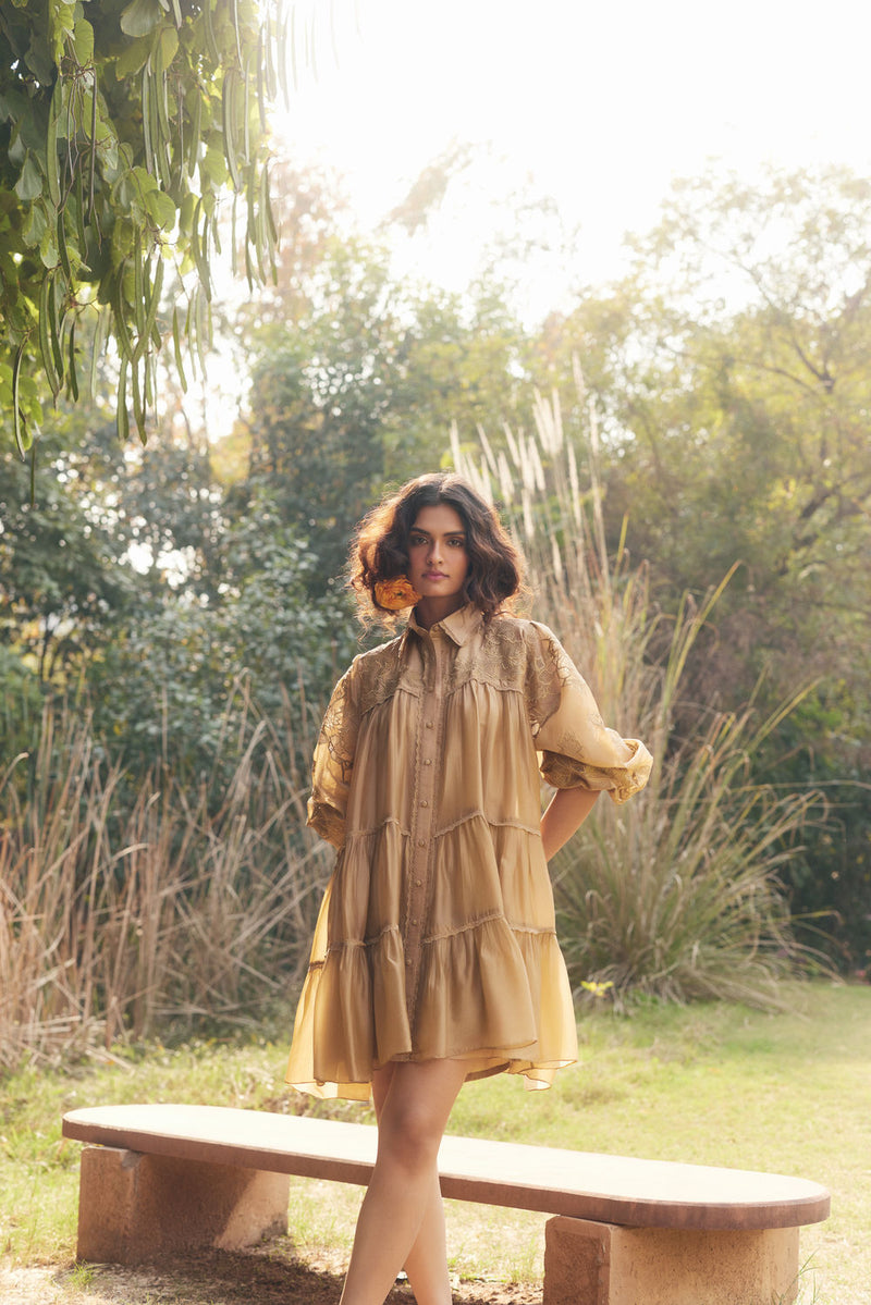 Lana Dress-Beige chanderi by Paulmi & Harsh in beige for women in Singapore