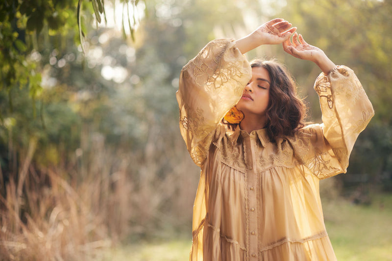 Lana Dress-Beige chanderi by Paulmi & Harsh in beige for women in Singapore