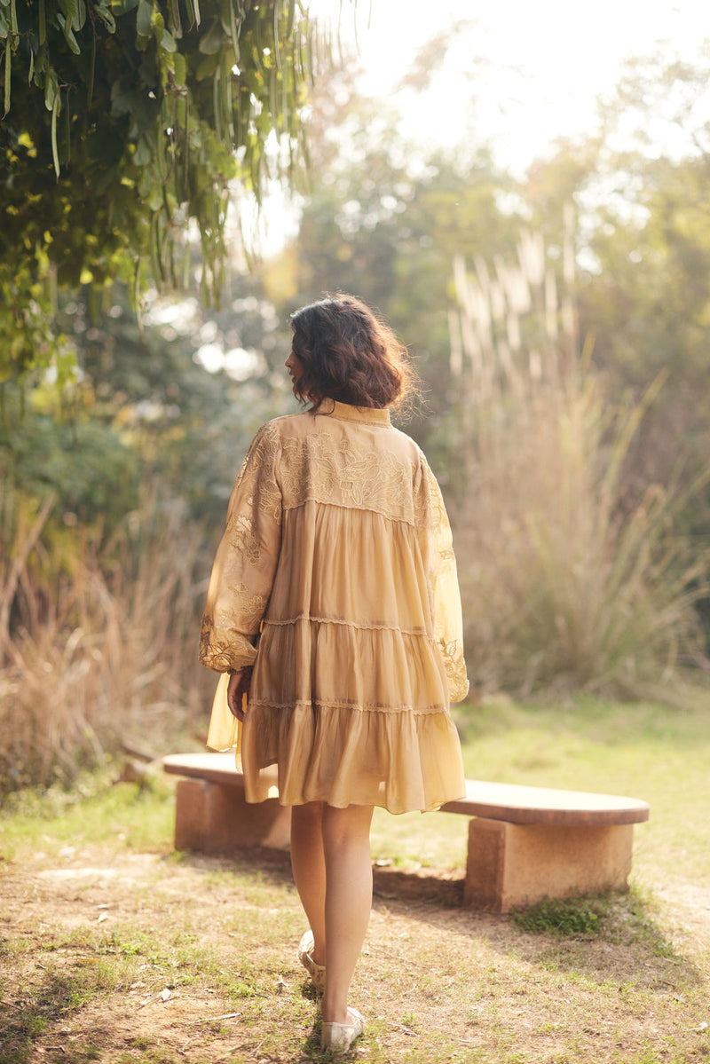 Lana Dress-Beige chanderi by Paulmi & Harsh in beige for women in Singapore