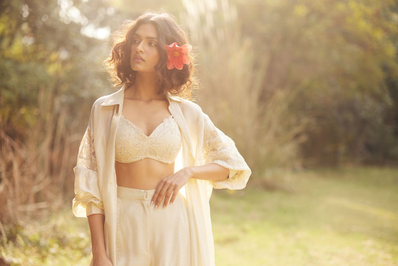 Nell Jacket Set chanderi by Paulmi & Harsh in ivory for women in Singapore