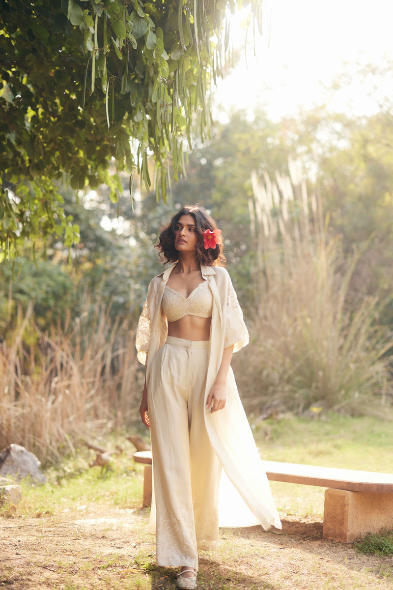 Nell Jacket Set chanderi by Paulmi & Harsh in ivory for women in Singapore