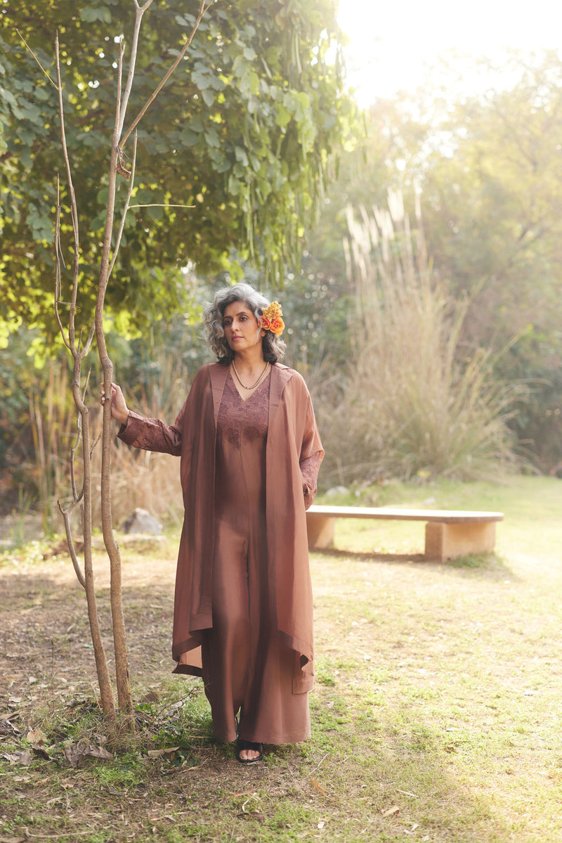 Cocoa Jumpsuit Set chanderi by Paulmi & Harsh in brown for women in Singapore